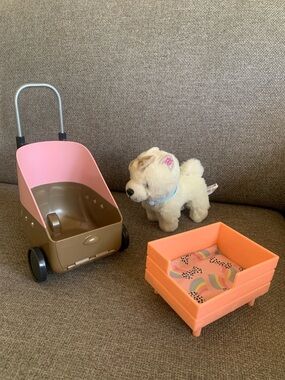 Battat Plush Puppy Playset Dog,  Stroller and Pet Bed with Cushion 18” Doll Size
